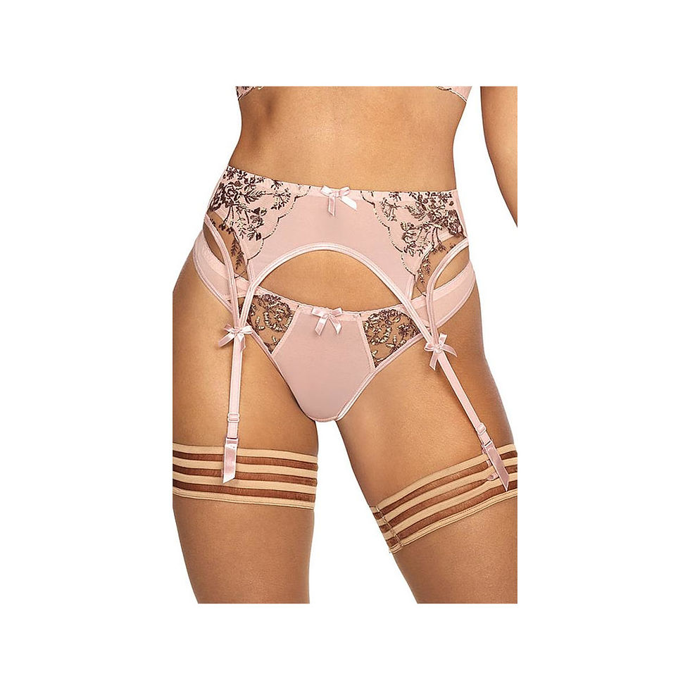 Rosa Strumpfhalter mit floralen Applikationen