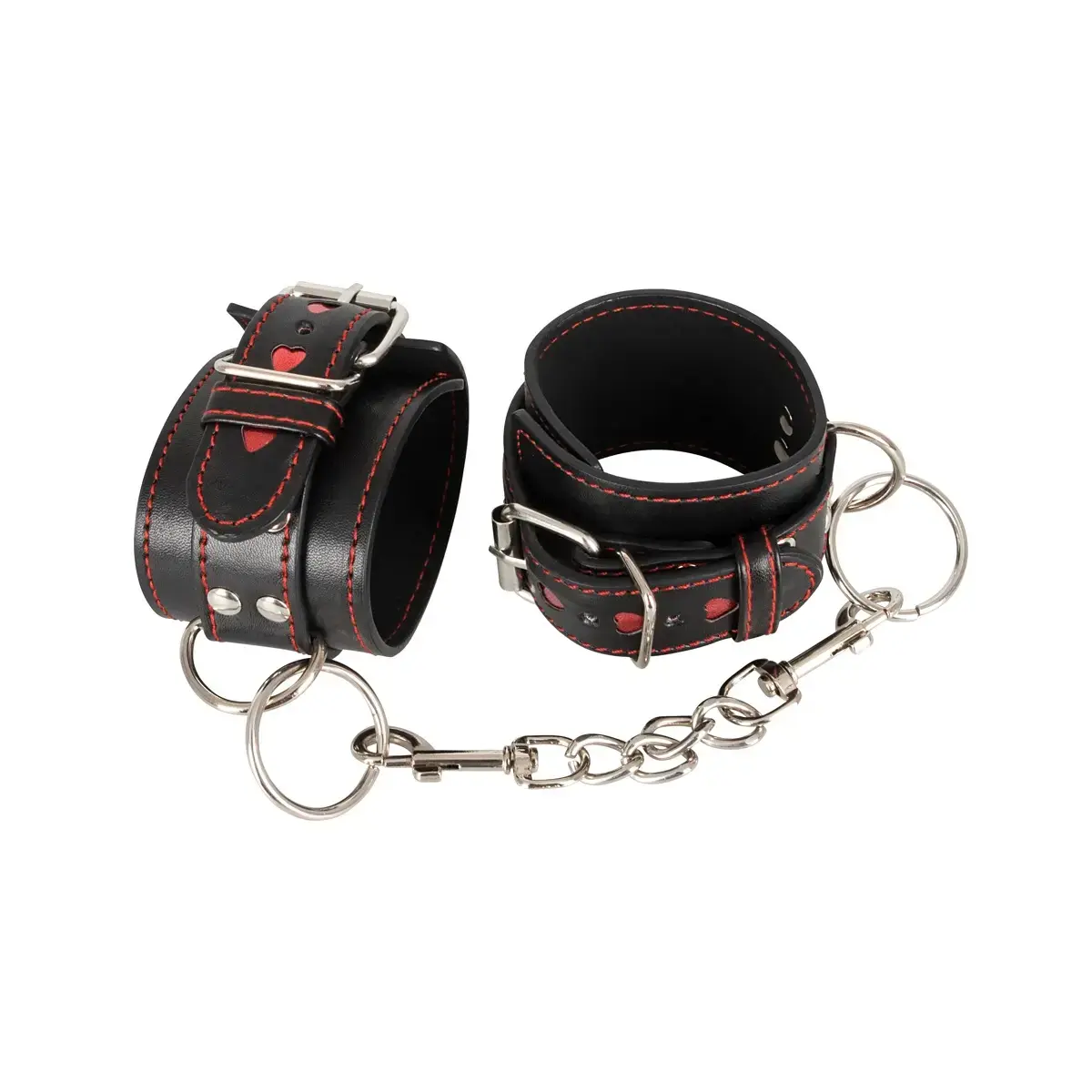 Schwarze Lederhandfesseln mit rosa Herzchen und Kette