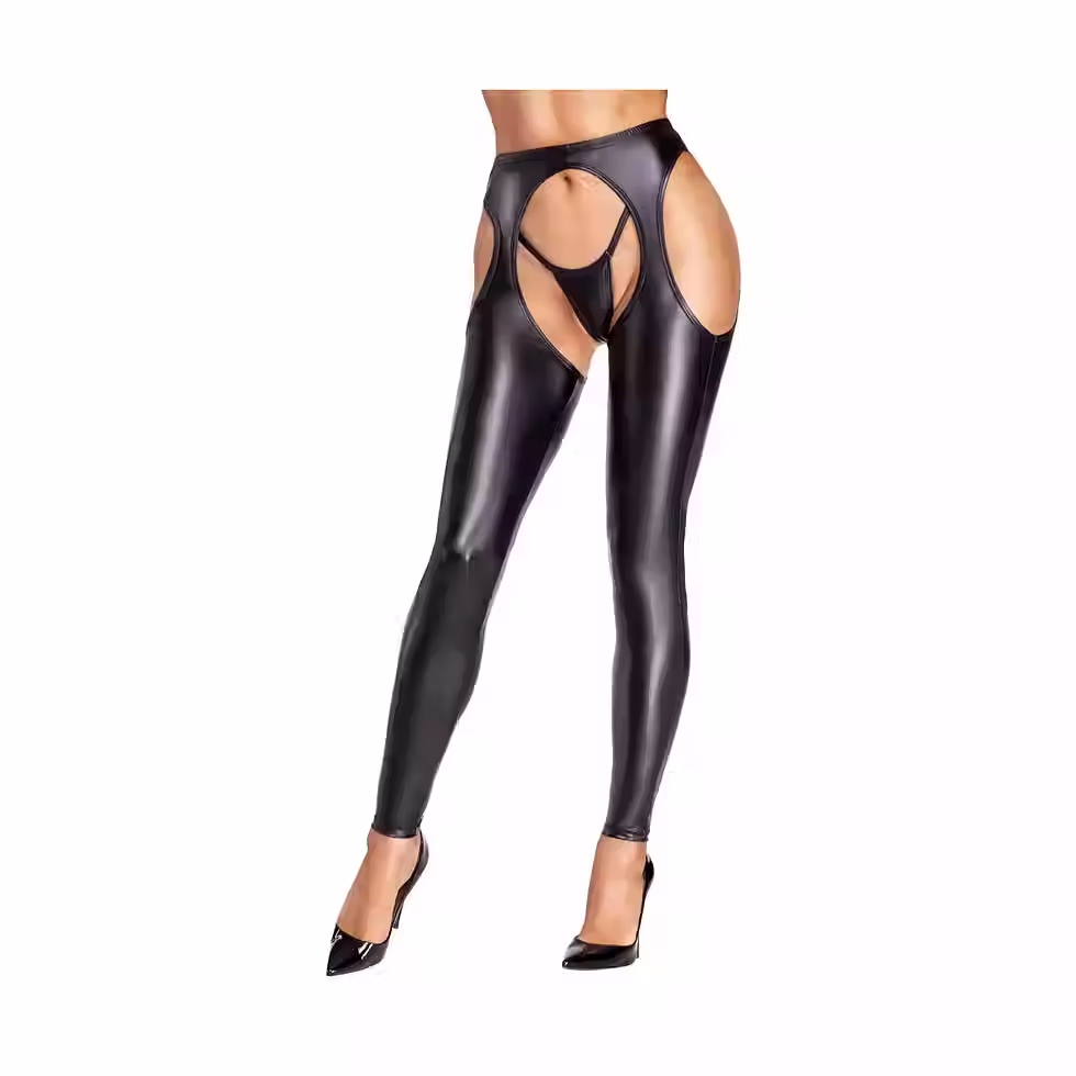 Schwarze Wetlook-Leggings mit Cut-outs und Strumpfhalterdetails, reizvolle Beinbekleidung Model.
