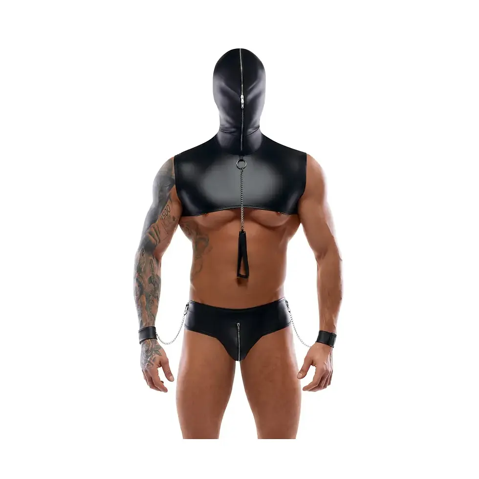 Schwarzes Leder-Top mit Kapuze und Harness