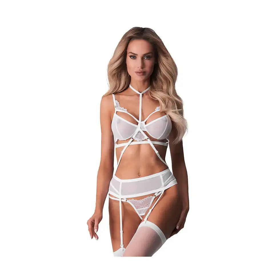 Woman in white lingerie set, studio shot, sexy look, fashion model.