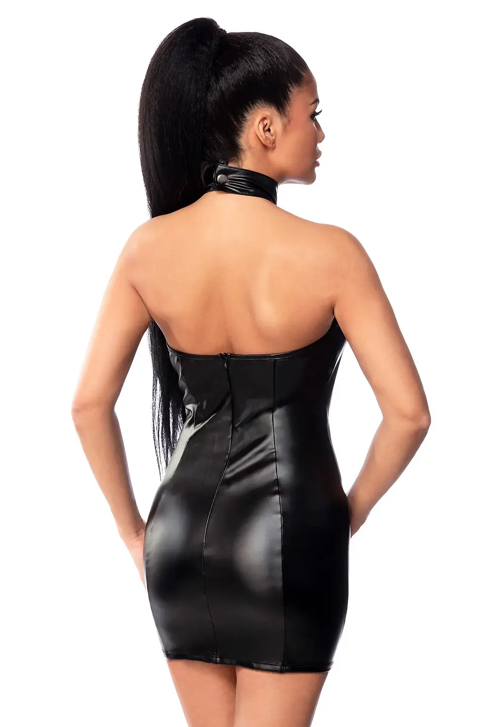 Schwarzes Leder-Chemiese und Tanga mit Halsband
