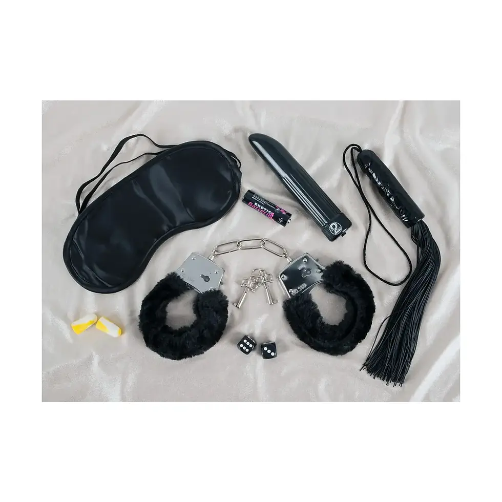 Erotikspiel Soft-SM-Würfelspiel: Set mit Handschellen, Peitsche und Augenmaske