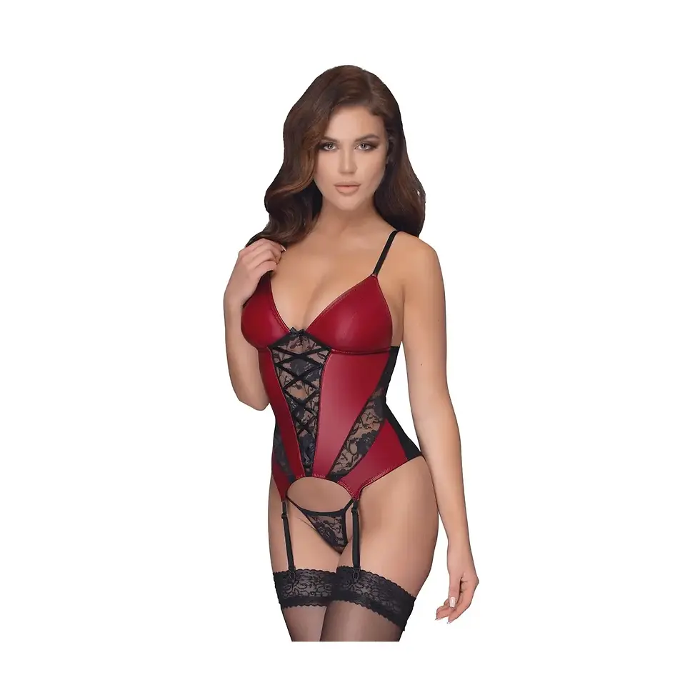 Femme in rotem Korsett mit schwarzen Details, verführerisch