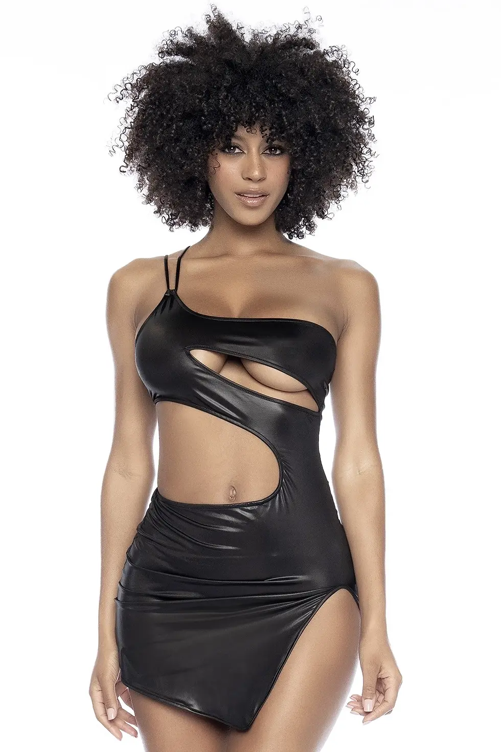 Schwarzes, figurbetontes Lederkleid mit Ausschnitt