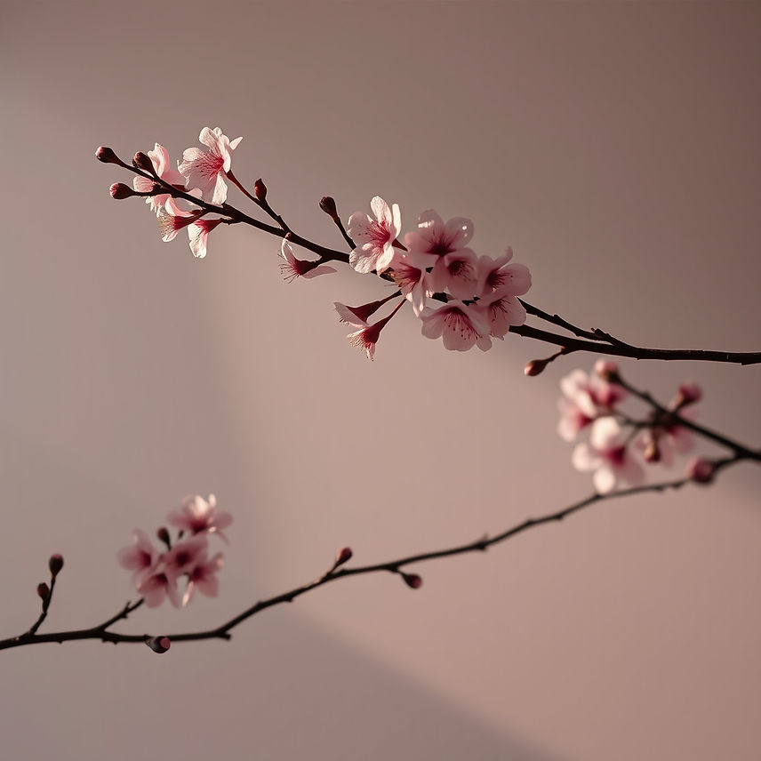 dark muted cherry blossom branches against a cool taupe background, soft ambient glow, sop