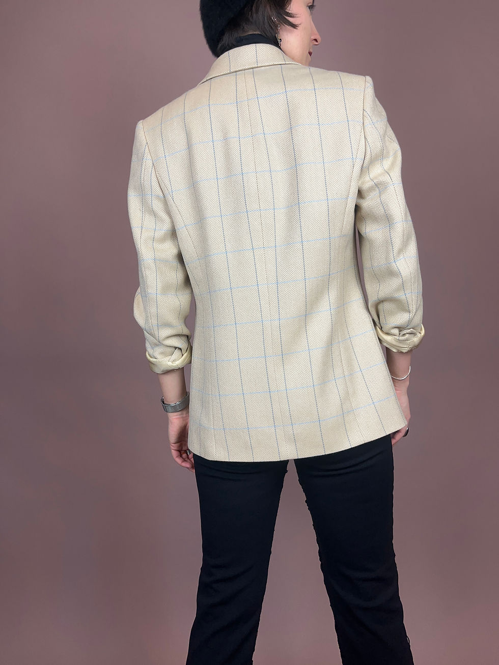 Miniaturbild: Blazer Wolle Karo Creme Hellblau Gr. 36