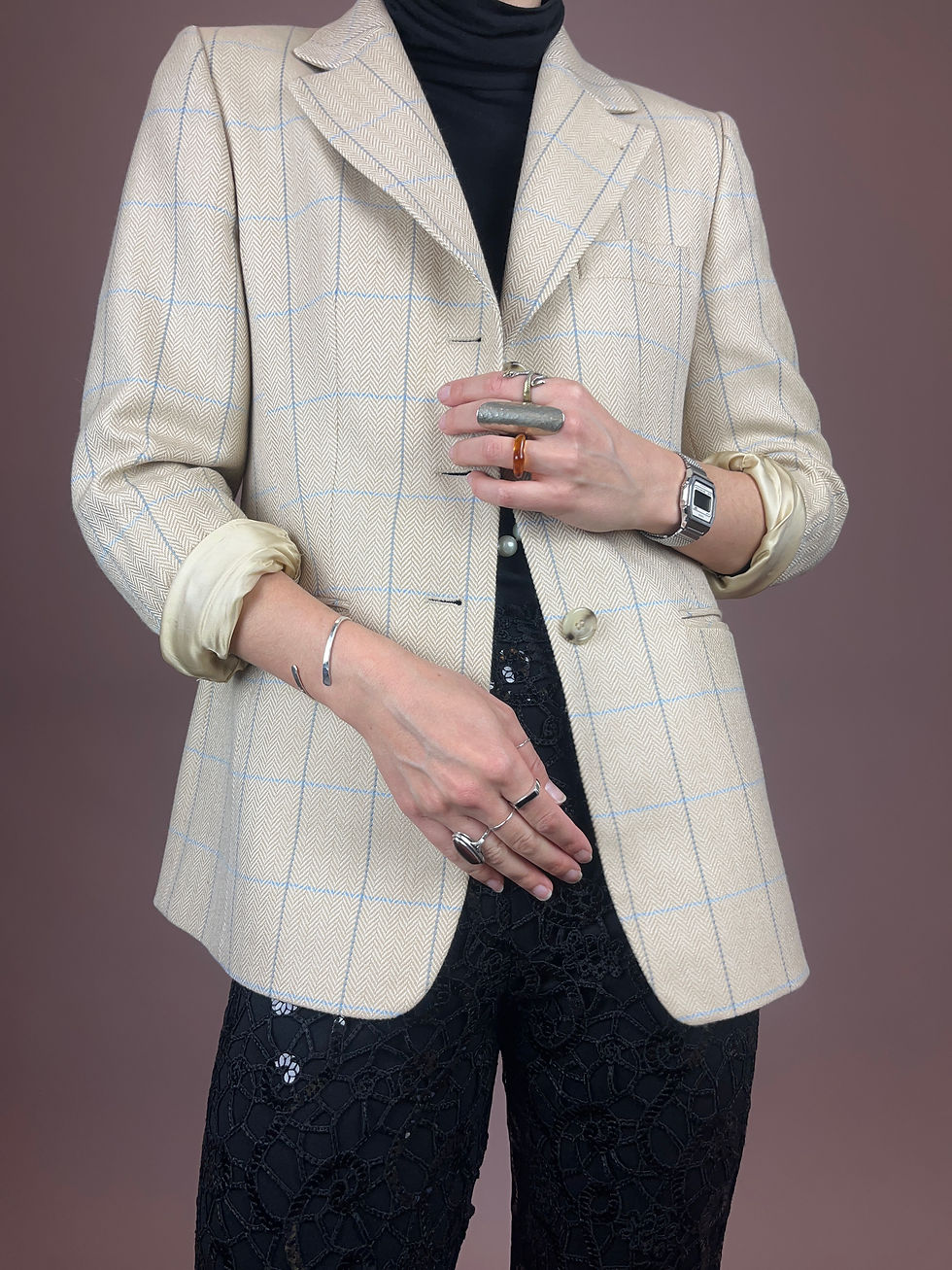 Miniaturbild: Blazer Wolle Karo Creme Hellblau Gr. 36