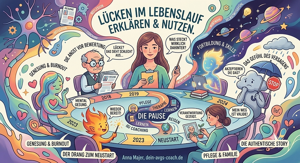 Bunte Illustration des Themas Lücken im Lebenslauf: Erklären und Nutzen. Die unterschiedliche Aspekte sind um einen Tisch versammelt. Eine junge Frau hat den Vorsitz.