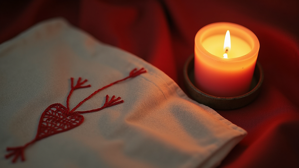 High angle view of a lit candle next to an embroidered fabric with red thread