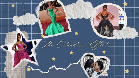 Olandria Carthen images at Bridgerton premiere, Golden Globes and Glamour cover with Nic Vans in collage format on a blue stripped banner with The Olandria Effect written in yellow cursive font