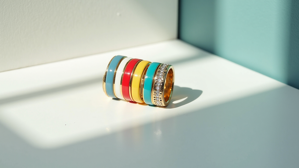 High angle view of colorful enamel rings stacked on a white surface