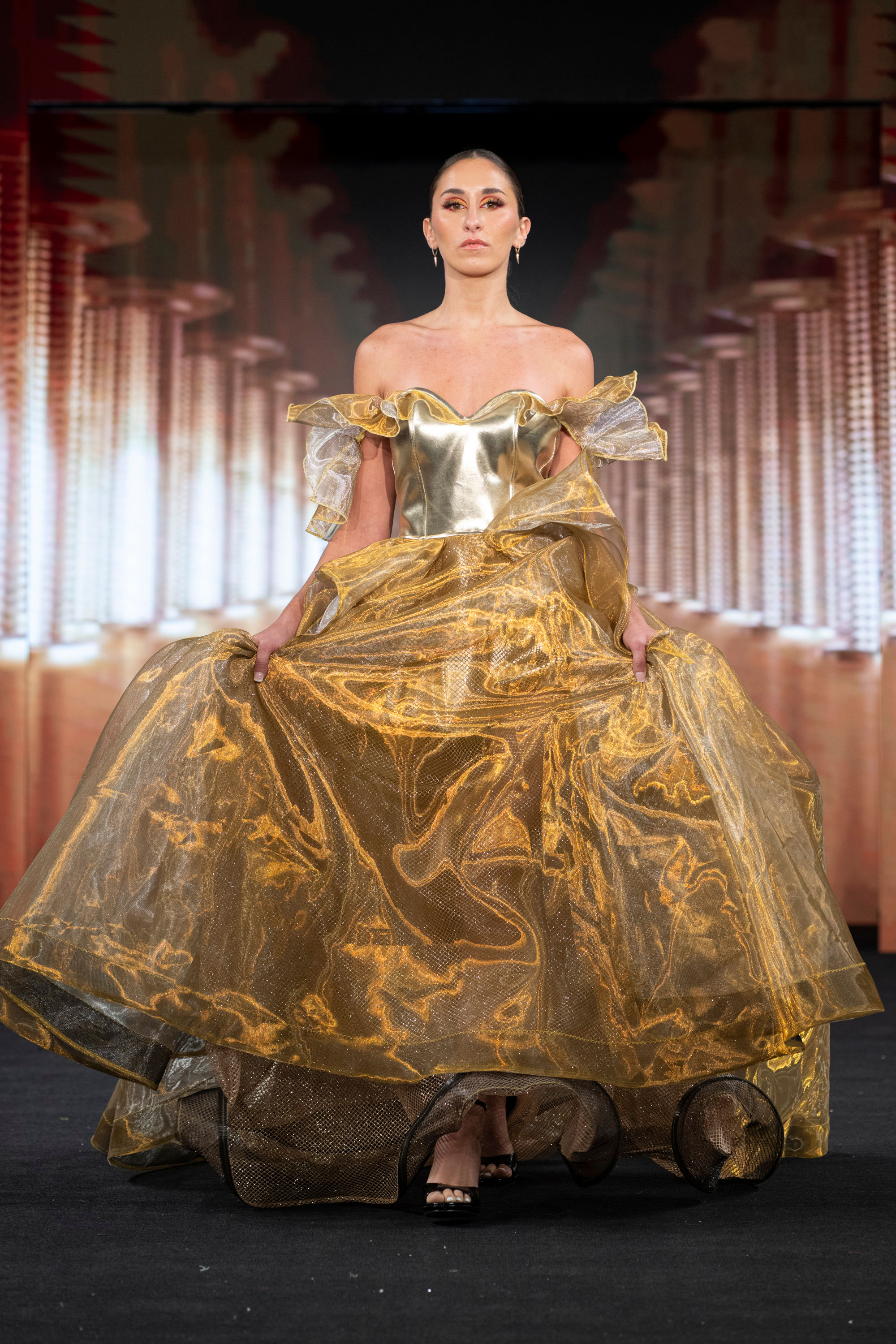 Golden Mirage Off-Shoulder Gown