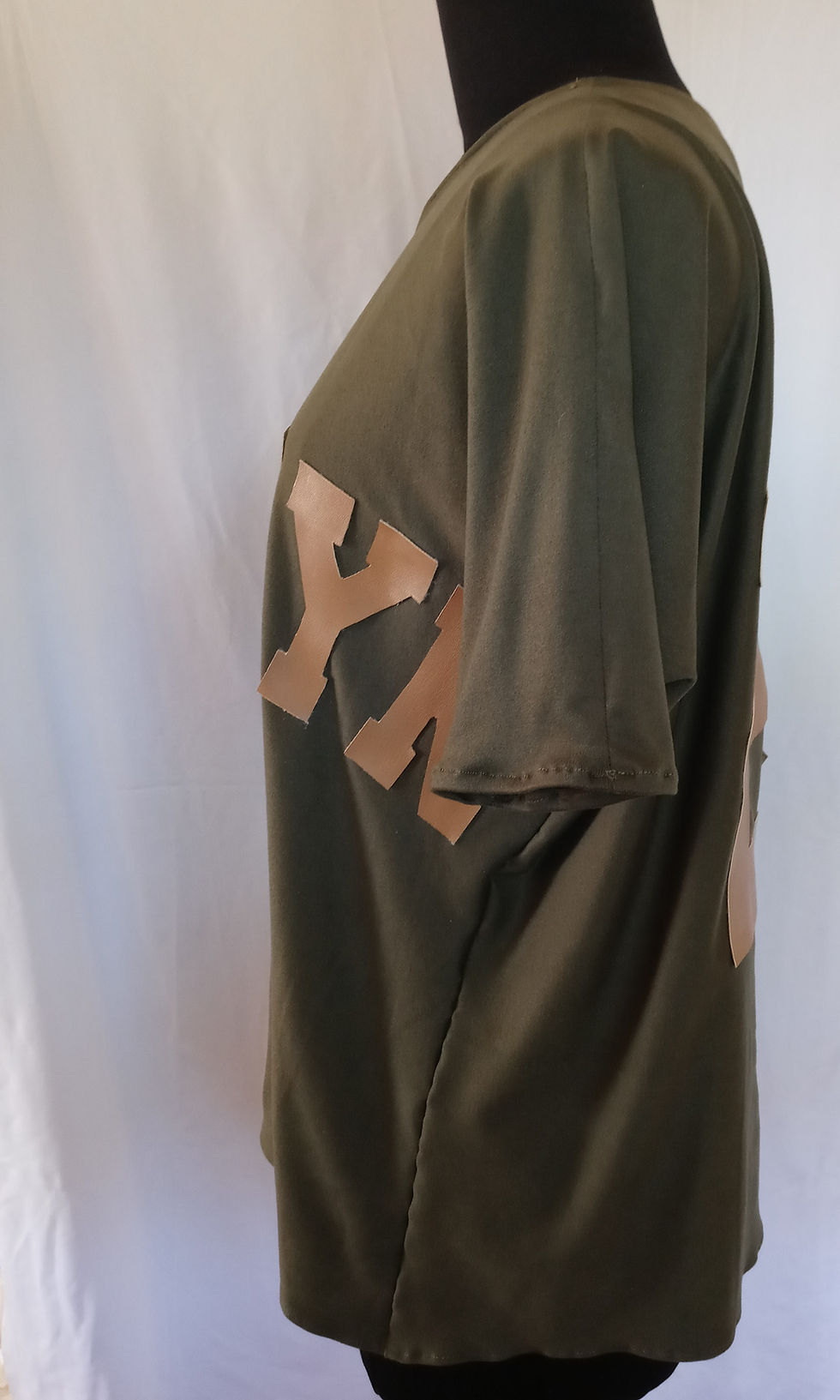 Thumbnail: WOMEN'S OFF SHOULDER-SHORT SLEEVE TOP-CARAMEL FAUX LEATHER LETTERS