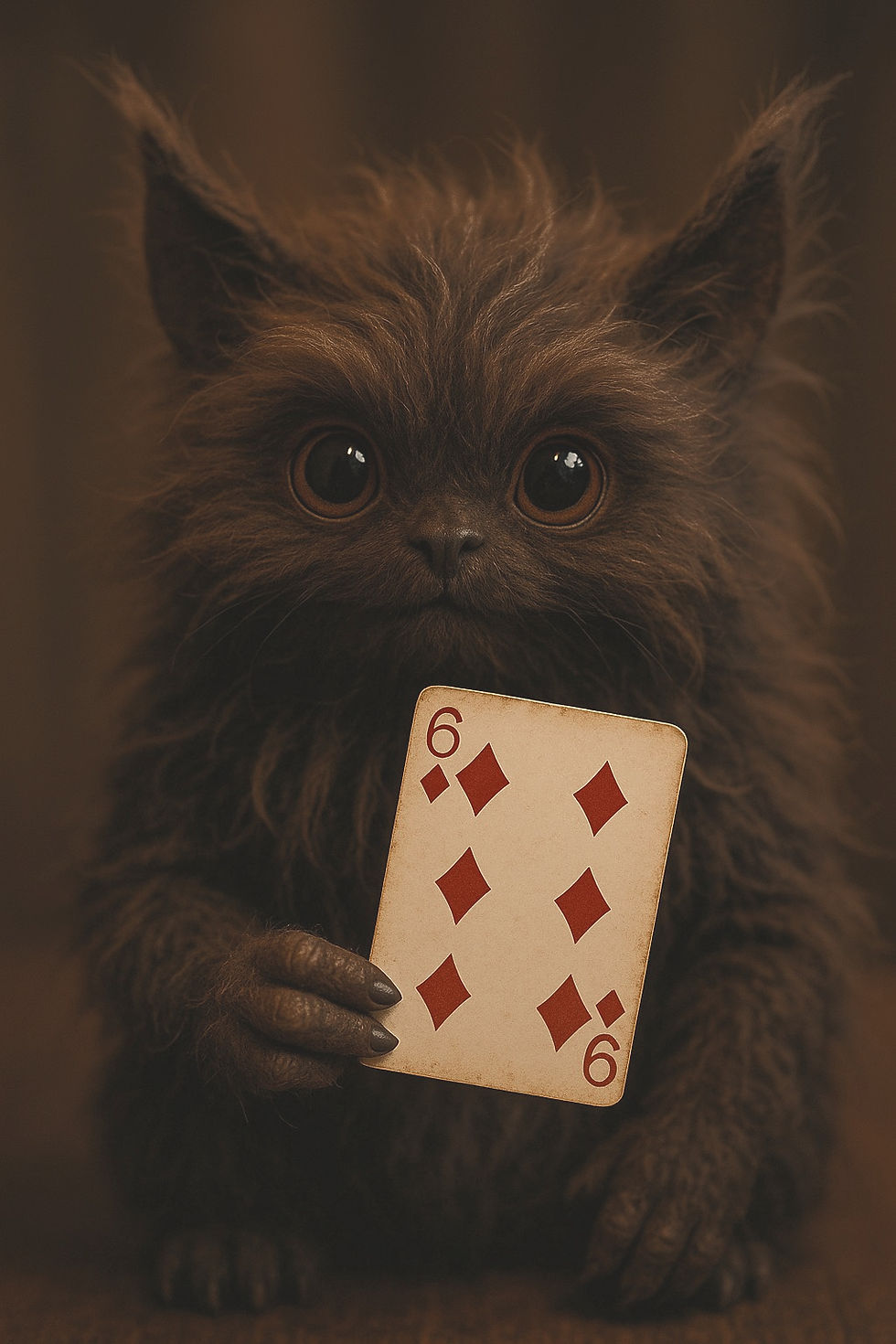 AI image of a furry creature holding up the 6 of diamonds playing card
