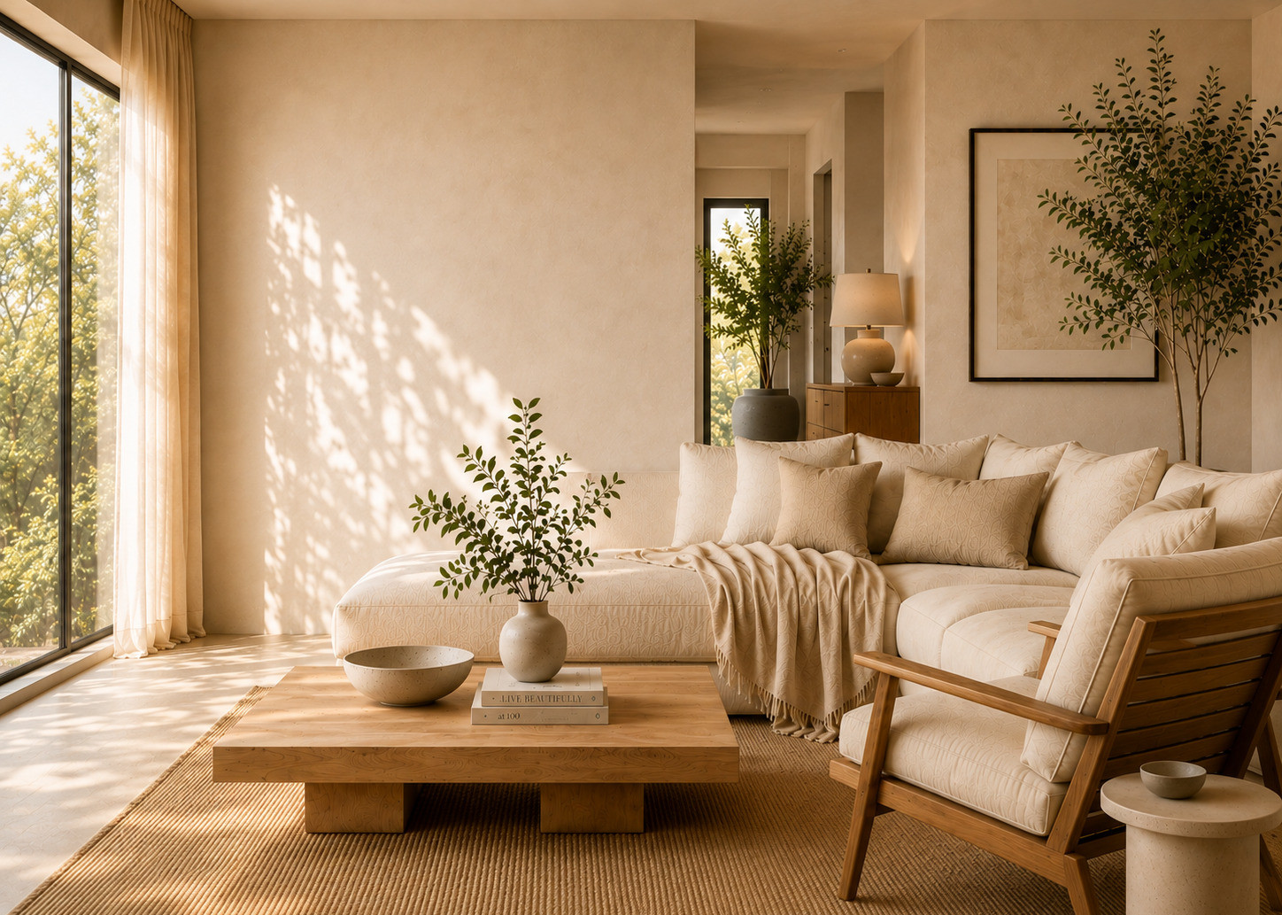 Serene beige living room with sectional sofa, wood coffee table, plants, and sunlight; books read LIVE BEAUTIFULLY at 100