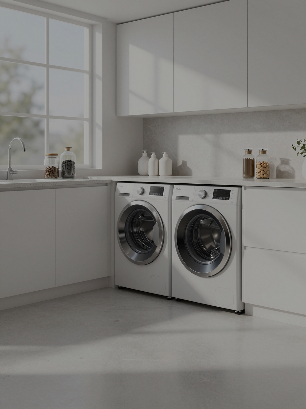 Modern white kitchen with a built-in washer and dryer.