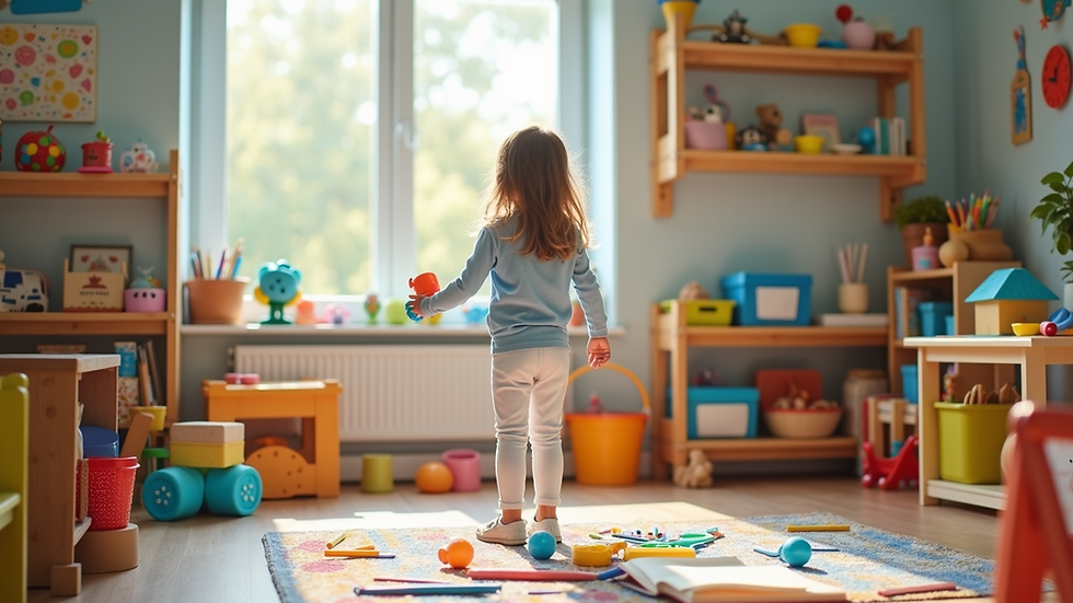 Eye-level view of a colorful playroom filled with toys and art supplies