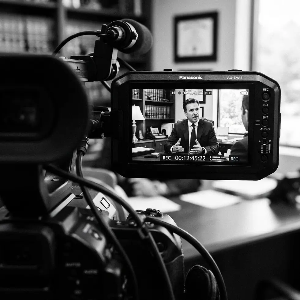 Studio photography of a professional video camera recording an interview in an office setting. The viewfinder displays a man in a suit, capturing a professional, behind-the-scenes broadcast atmosphere.