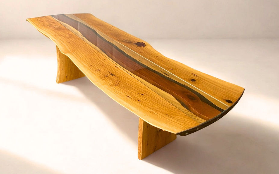 Handcrafted live edge oak dining table with glass insert and trestle base, top view