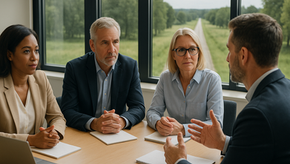 A group of educators meeting at a table to engage their leadership teamwork. A path outside leads us to the future.