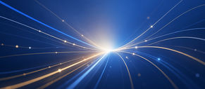 Blue background with radiating lines of light, blue and gold, converging at a bright center. Futuristic and dynamic energy.