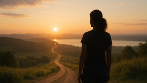 Silhouette of a person facing a winding path leading to a sunset over hills and a river. The sky is a gradient of warm colors.