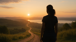 Silhouette of a person facing a winding path leading to a sunset over hills and a river. The sky is a gradient of warm colors.
