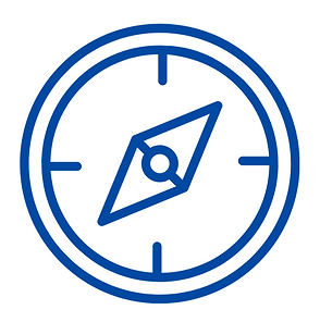An abstract, simplified compass image in dark blue, on white.