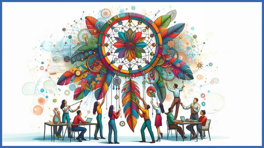 A giant dream catcher illustration with teammates below clinging to it.