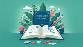 An illustration with a book, pens, and pencils. The book cover says, "Your Next Chapter."