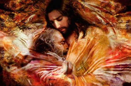 Jésus prenant dans ses bras et consolant un homme accablé et qui pleure
