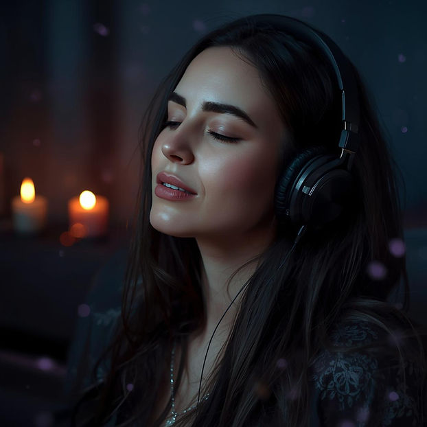 A semi-realistic photograph of a European woman with long dark hair wearing headphones, ey