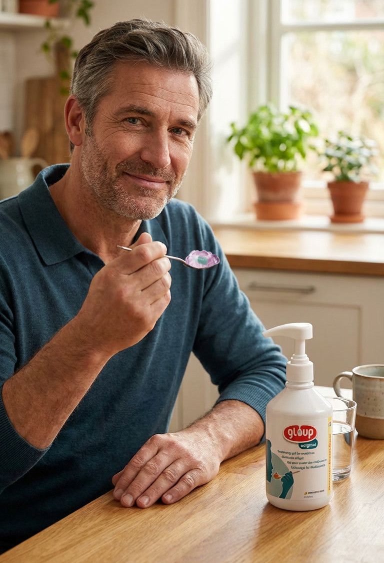 Adult male easily swallowing his pills with Gloup, the pill swallow gel