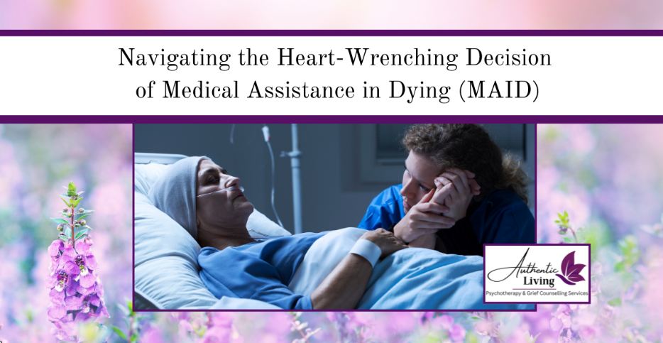 A patient in a hospital bed holds hands with a caregiver, conveying care. Text: Navigating MAID decisions. Background: soft floral, logo.