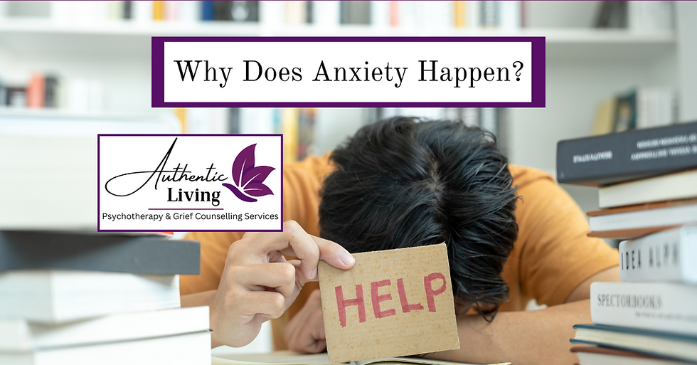 Person overwhelmed, head on desk, holding "HELP" sign. Text "Why Does Anxiety Happen?" Books surround; counseling service logo shown.