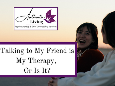 Two women chat at sunset on a beach beside an Authentic Living logo; text reads Talking to My Friend is My Therapy, Or Is It?