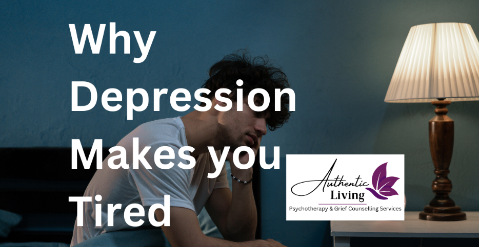 Man sits on edge of bed looking exhausted. The words "Why Depression Makes you Tired" or over the image and Authentic Living London's logo is to one side.
