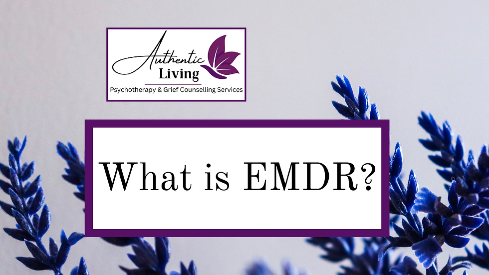 Purple lavender stems on sides, text "What is EMDR?" in center, logo of "Authentic Living" at top left. Calm and serene mood.