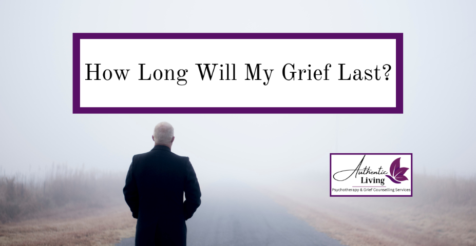 Elderly person in dark coat stands alone on foggy road. Text reads "How Long Will My Grief Last?" Logo: Authentic Living Counseling.