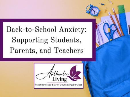 Text on back-to-school anxiety above a blue backpack with school supplies. Authentic Living logo at the bottom. Background is peach.