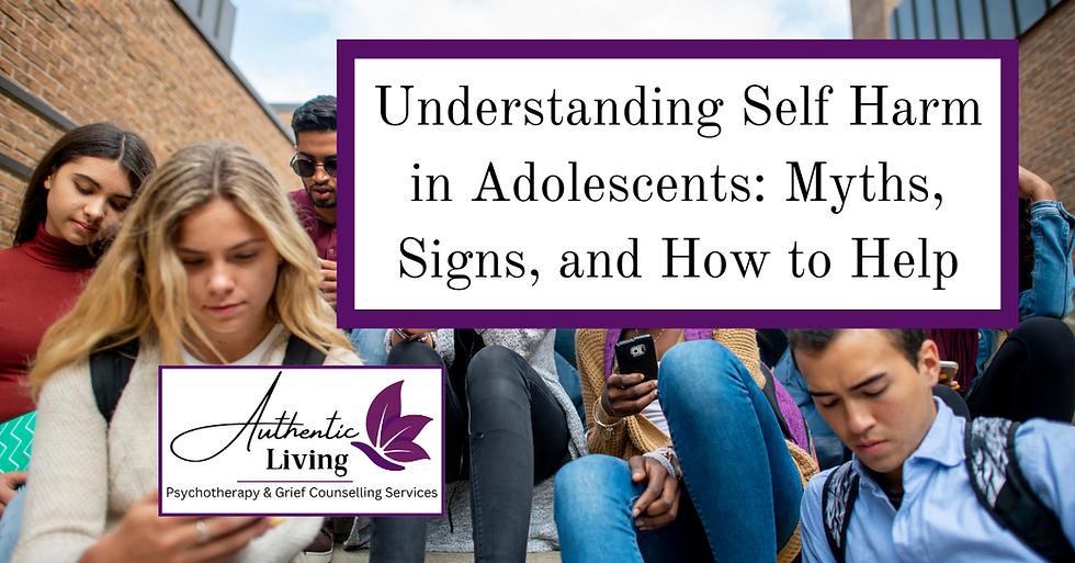 Teens on phones outside. Text: Understanding Self Harm in Adolescents: Myths, Signs, and How to Help. Logo: Authentic Living.