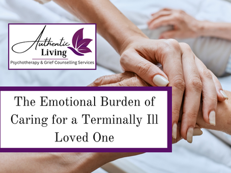 Two hands holding each other tenderly in a comforting gesture. Text: "The Emotional Burden of Caring for a Terminally Ill Loved One."