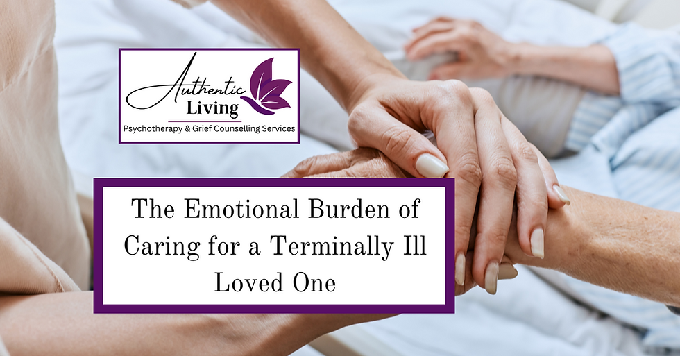 Two hands holding each other tenderly in a comforting gesture. Text: "The Emotional Burden of Caring for a Terminally Ill Loved One."