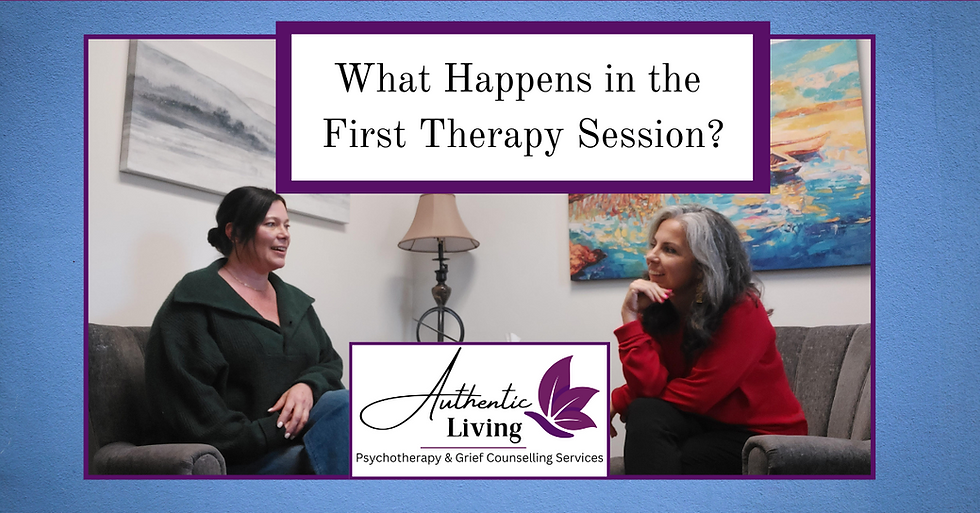 Two people converse in an office with colorful artwork. Text reads "What Happens in the First Therapy Session?" Mood is calm and inviting.