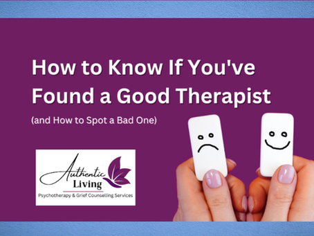 Fingers hold two cards with sad and happy faces. Text: "How to Know If You've Found a Good Therapist." Purple background. Logo: "Authentic Living."