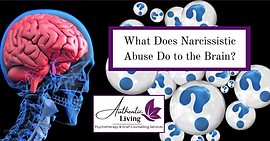 cartoon see through head and multiple question marks and the caption "What does narcissistic abuse do to the brain?