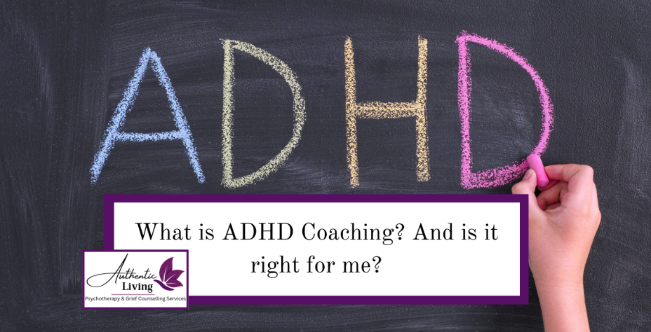 Chalk letters "ADHD" on blackboard. Hand holding pink chalk. Text reads "What is ADHD Coaching? And is it right for me?" Mood is inquisitive.