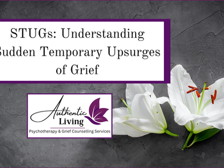 White lilies on a gray background. Text: "STUGs: Understanding Sudden Temporary Upsurges of Grief" and "Authentic Living." Purple accents.
