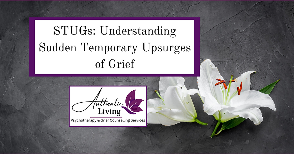 White lilies on a gray background. Text: "STUGs: Understanding Sudden Temporary Upsurges of Grief" and "Authentic Living." Purple accents.